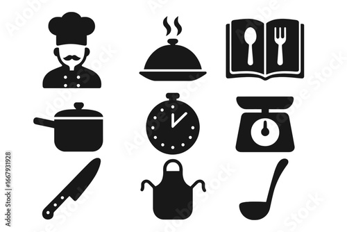 Cooking kitchen solid glyph icon set. Chef, recipe book, timer, scale, pot, cloche, knife and ladle icons. Food preparation, meal, restaurant and culinary vector symbols.
