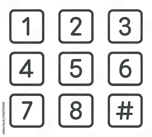 Numeric Keypad Icons. Outline icon set of numeric keypad buttons: 0, 1, 2, 3, 4, 5, 6, 7, 8, 9, star, hash.