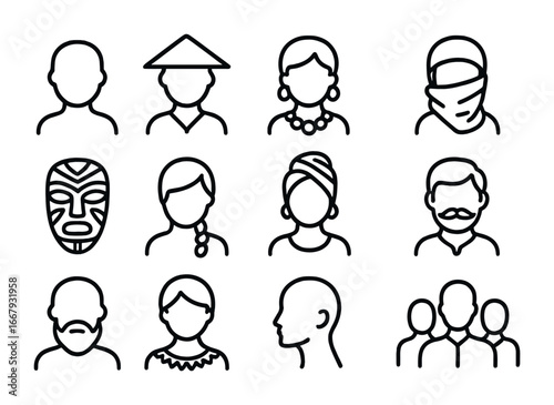 Cultural Portrait Icons. Outline icon set of cultural portraits: face outline, traditional hat, ethnic jewelry