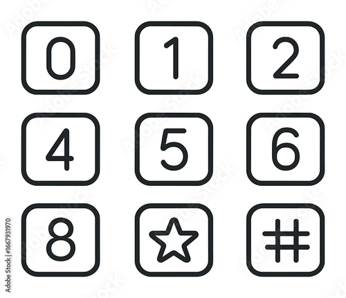 Numeric Keypad Icons. Outline icon set of numeric keypad buttons: 0, 1, 2, 3, 4, 5, 6, 7, 8, 9, star, hash.