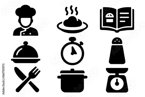 Cooking and kitchen solid glyph icon set. Culinary and gastronomy vector symbols. Chef, recipe book, hot meal, timer, scale, pot, cloche, salt shaker and cutlery icons.
