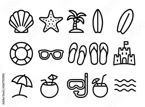 Beach Icon Set. Outline icon set of beach photography: seashell, starfish, palm tree, surfboard, lifebuoy,