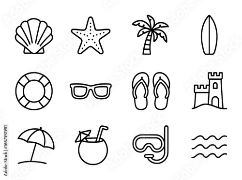 Beach Icon Set. Outline icon set of beach photography: seashell, starfish, palm tree, surfboard, lifebuoy,