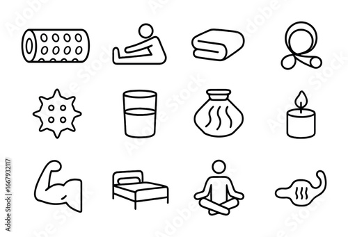 Stretching and Recovery Icons. Outline icon set of stretching and recovery: foam roller, stretching figure,