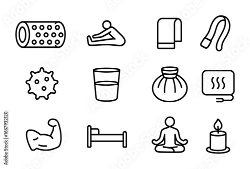 Stretching and Recovery Icons. Outline icon set of stretching and recovery: foam roller, stretching figure,