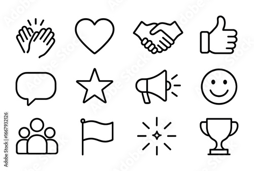 Team Spirit Icons. Outline icon set of team encouragement: clapping hands, heart, handshake, thumbs up, speech