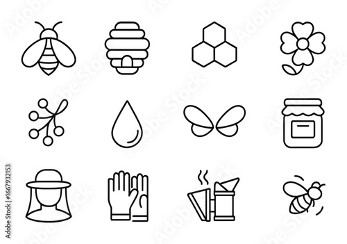 Bee Pollination Icons. Outline icon set of bee and pollination: honeybee, hive, honeycomb, flower, pollen,