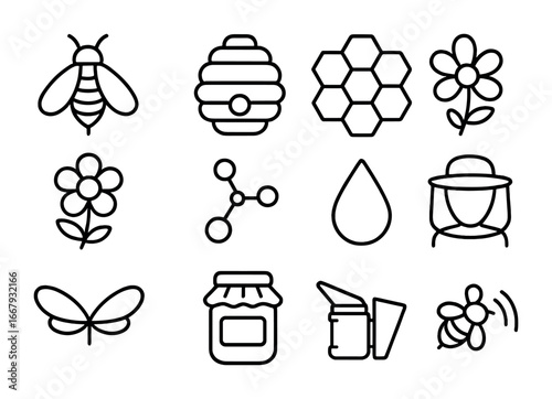 Bee Pollination Icons. Outline icon set of bee and pollination: honeybee, hive, honeycomb, flower, pollen,