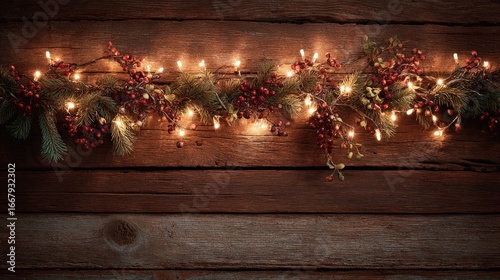 Christmas lights garland on rustic wood