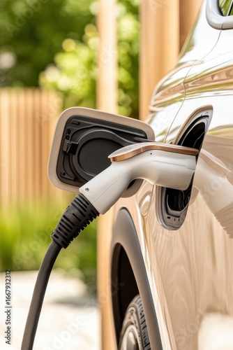 Electric vehicle charging point detail. Close view automobile plugged in at charger. Modern vehicle refills battery power. Ecology and mobility concept.