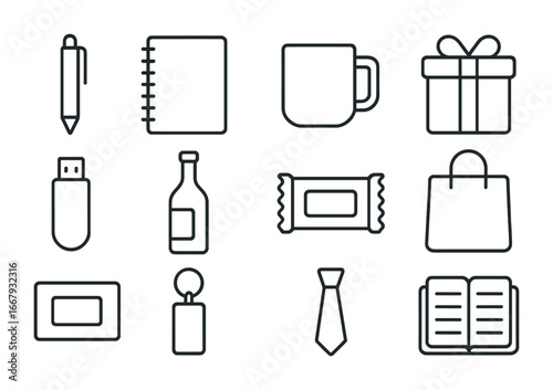 Corporate Gift Icons. Outline icon set of corporate gift baskets: pen, notebook, coffee mug, chocolate box,