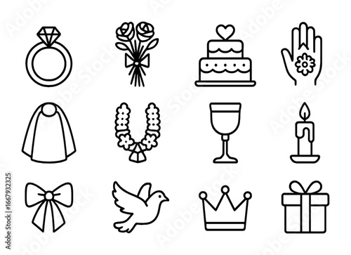Worldwide Wedding Icons. Outline icon set of wedding customs worldwide: wedding ring, bouquet, cake, henna