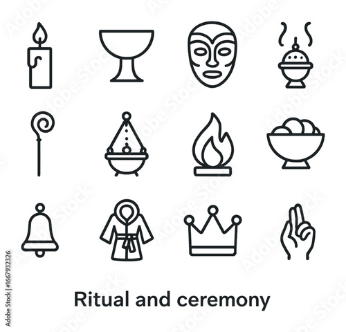 Ritual Icons Collection. Outline icon set of ritual and ceremonies: candle, chalice, mask, drum, staff,