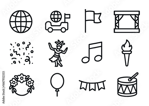 Global Festival Icons. Outline icon set of global festivals: globe, parade float, flag, stage, confetti,
