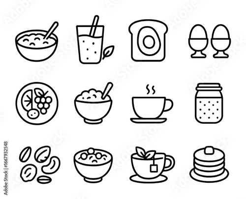 Healthy Breakfast Icons. Outline icon set of breakfast for wellness: oatmeal bowl, smoothie, avocado toast,