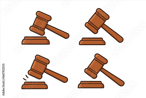 Gavel icon collection. Cartoon wooden judge hammer for court and auction. Law and justice symbol. Legal system, verdict, authority, legislation vector illustration set.