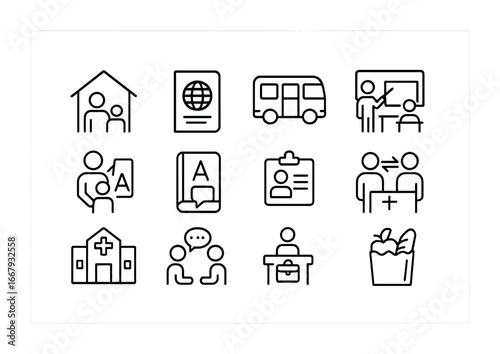 Refugee Support Icons. Outline icon set of refugee integration programs: shelter, passport, bus, classroom,