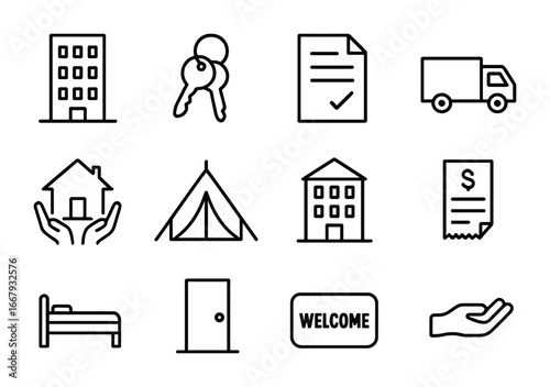 Housing Support Icons. Outline icon set of housing support programs: apartment building, house keys, lease