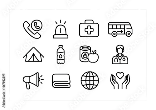 Crisis Response Icons. Outline icon set of crisis response support: emergency phone, siren, first aid kit,