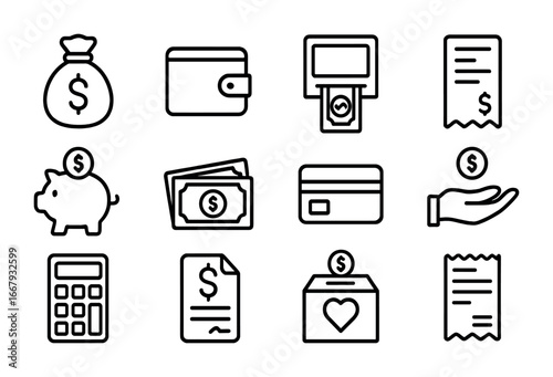 Financial Icons Grid. Outline icon set of financial assistance programs: money bag, wallet, ATM, receipt,