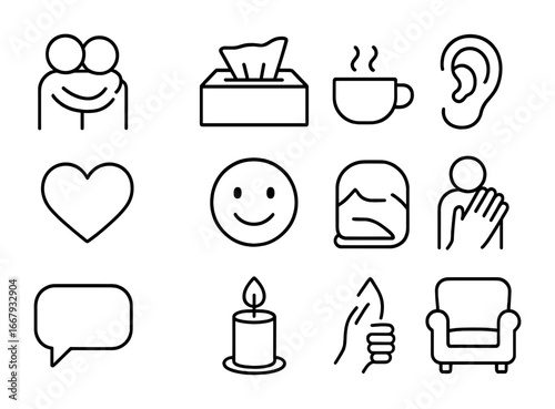 Emotional Support Icons. Outline icon set of emotional support between partners: hug, tissue box, cup of tea,
