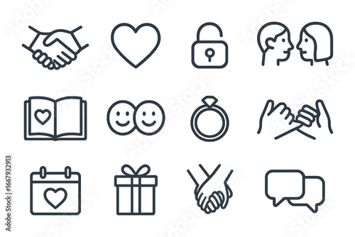 Building Trust Icons. Outline icon set of building trust in couples: handshake, heart, open lock, eye contact,