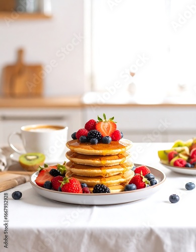Stack of pancakes topped with fresh berries and syrup