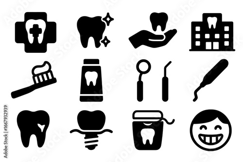 Dental care solid glyph icon set. Dentistry, oral hygiene and stomatology concept. Tooth, clinic, toothbrush, implant, floss and dentist tools vector pictograms collection.