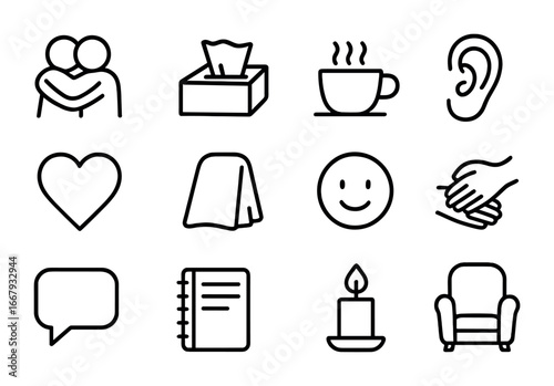 Emotional Support Icons. Outline icon set of emotional support between partners: hug, tissue box, cup of tea,