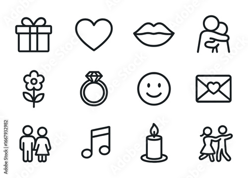 Love Icons Grid. Outline icon set of healthy expressions of love: gift box, heart, kiss, hug, flower, ring,