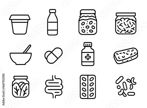 Probiotic Product Icons. Outline icon set of probiotic products: yogurt cup, kefir bottle, kombucha jar,