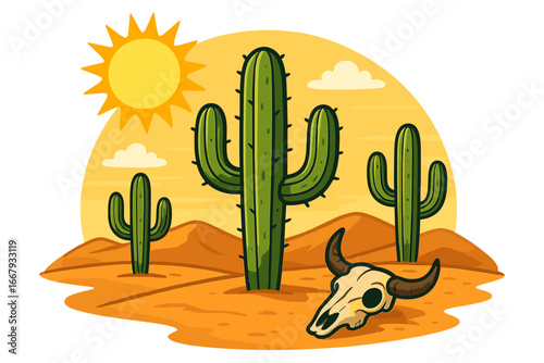Desert landscape with saguaro cactus and bull skull. Vector illustration of a hot, arid climate with a bright sun. Wild west, Arizona, Mexico concept for travel.