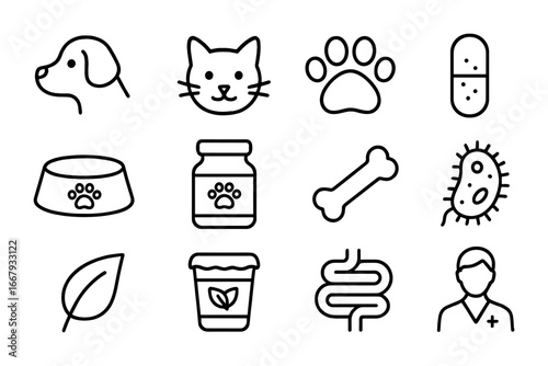 Pet Microbiome Icon Set. Outline icon set of pet microbiome care: dog, cat, paw print, probiotic capsule, pet