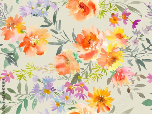 Watercolor Seamless Floral Pattern with Abstract Hand-painted Autumn flowers. Autumn Floral textile design for fabric and stationary. Botanical wallpaper.

