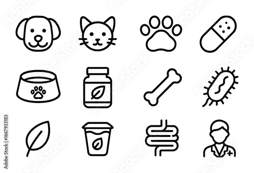 Pet Microbiome Icon Set. Outline icon set of pet microbiome care: dog, cat, paw print, probiotic capsule, pet