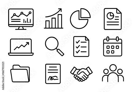 Partnership Icon Set. Outline icon set of partnership tracking and reporting: dashboard, bar chart, pie chart,
