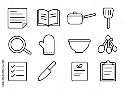 Cooking Icon Set. Outline icon set of cooking instructions: recipe card, open book, saucepan, spatula, frying