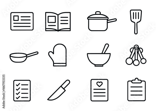 Cooking Icon Set. Outline icon set of cooking instructions: recipe card, open book, saucepan, spatula, frying