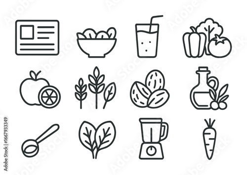 Healthy Recipe Icons. Outline icon set of healthy recipes: recipe card, salad bowl, smoothie glass, vegetables