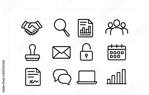 Trust Icon Set. Outline icon set of transparency and trust building: handshake, magnifying glass, report paper