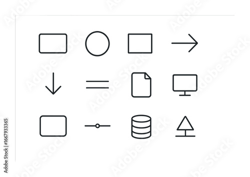 Data Flow Icons Grid. Outline icon set of data flow diagrams: process box, external entity, data store, input