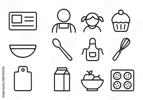 Cooking with Kids. Outline icon set of cooking with kids: recipe card, parent icon, child icon, cupcake,
