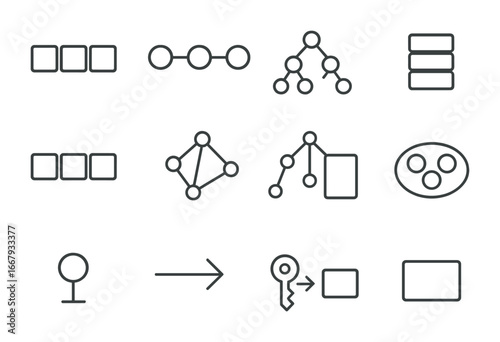Data Structures Icons. Outline icon set of data structures: array, linked list, binary tree, stack, queue,