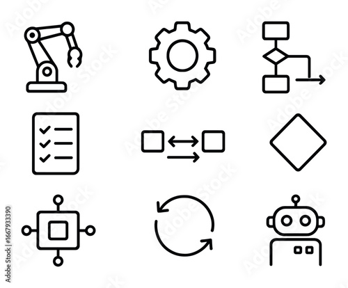 Workflow Automation Icons. Outline icon set of workflow automation: robotic arm, gear, flowchart, timeline,