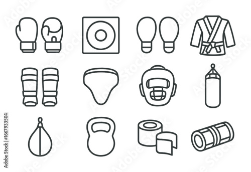 Combat Sports Gear Icons. Outline icon set of combat sports equipment: boxing gloves, wrestling mat, punching