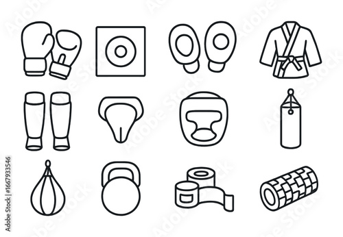 Combat Sports Gear Icons. Outline icon set of combat sports equipment: boxing gloves, wrestling mat, punching