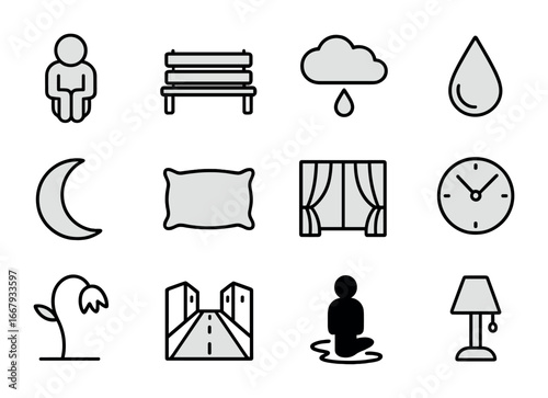 Loneliness Icon Set. Outline icon set of loneliness: single figure, empty bench, dark cloud, falling tear,