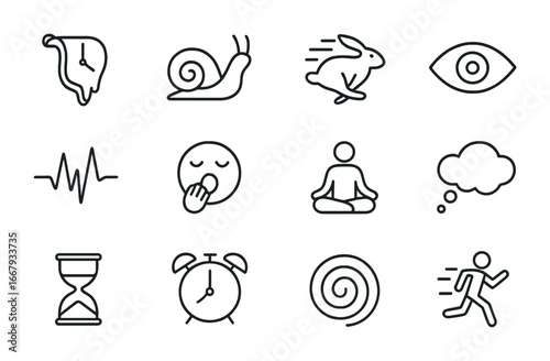 Subjective Time Icons. Outline icon set of subjective time flow: melting clock, slow snail, fast rabbit, eye,