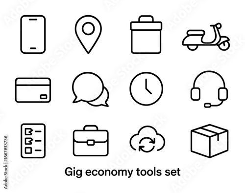 Gig Economy Icons. Outline icon set of gig economy tools: smartphone, location pin, delivery bag, scooter,