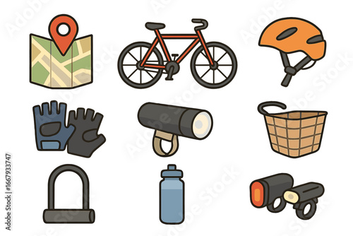 Bicycle icon set. Cycling equipment and bike accessories for urban commuting. Vector icons of bicycle, helmet, gloves, map, lights, bottle, basket and lock. Safety gear.